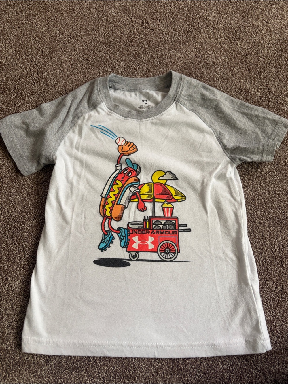 Under Armour White & Gray Raglan Tee with Colorful Hot Dog Cart Graphic